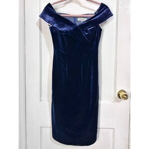 NWT Rickie‎ Freeman Terri Jon Cocktail Dress Velvet Off the Shoulder Size 4 Blue
